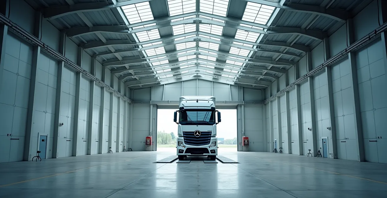 Vue d'ensemble minimaliste d'un atelier de contrôle technique poids lourds