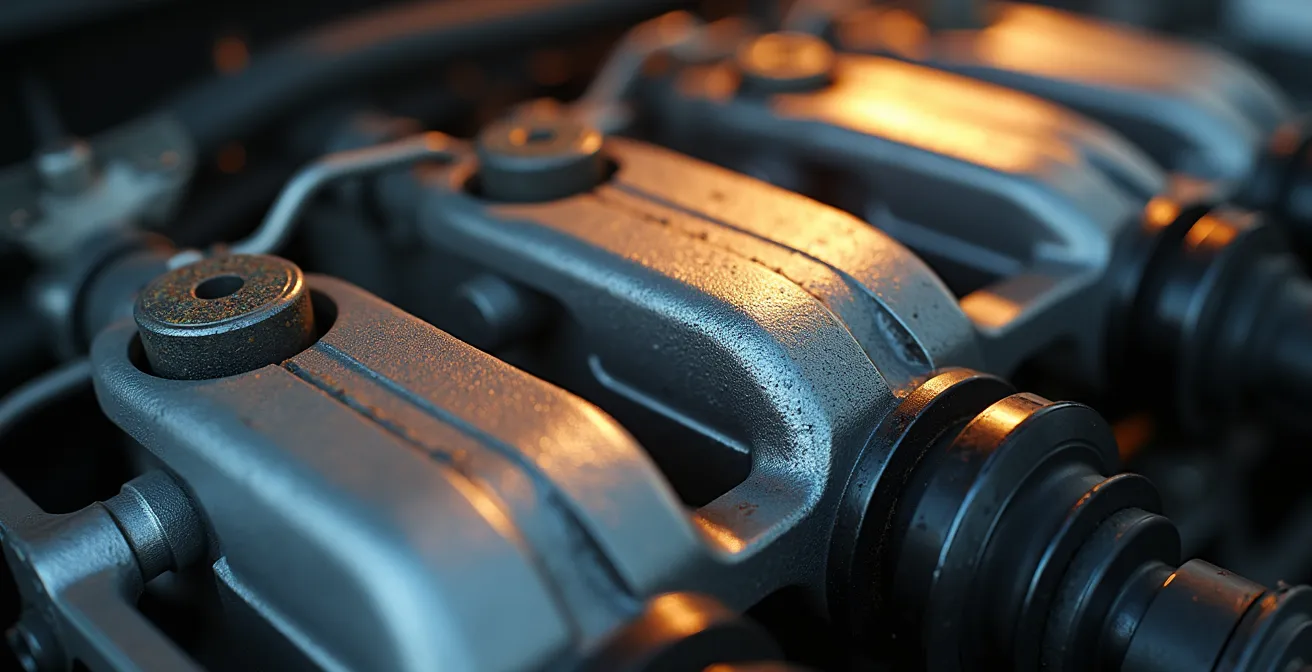 Vue macro détaillée d'un moteur Renault avec focus sur les composants critiques