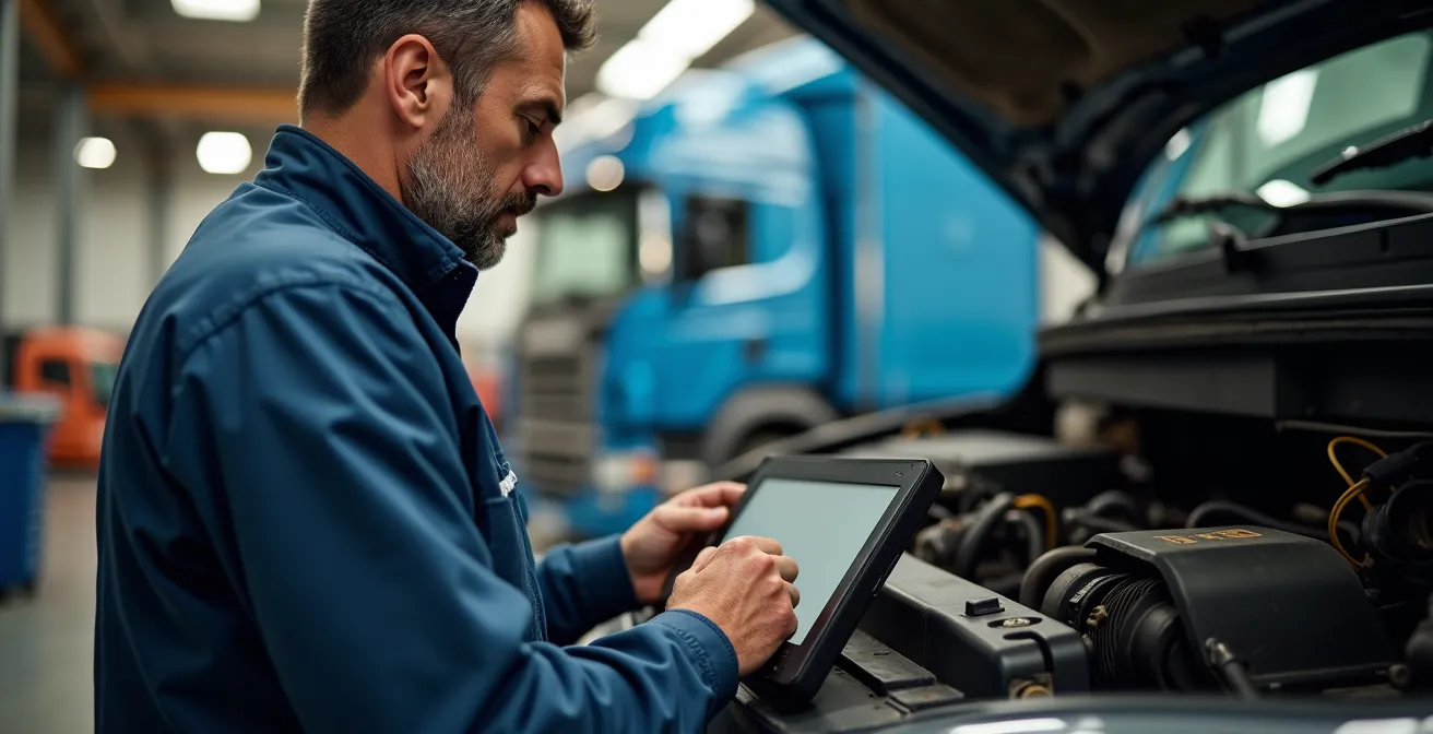 Technicien concentré utilisant une valise de diagnostic électronique
