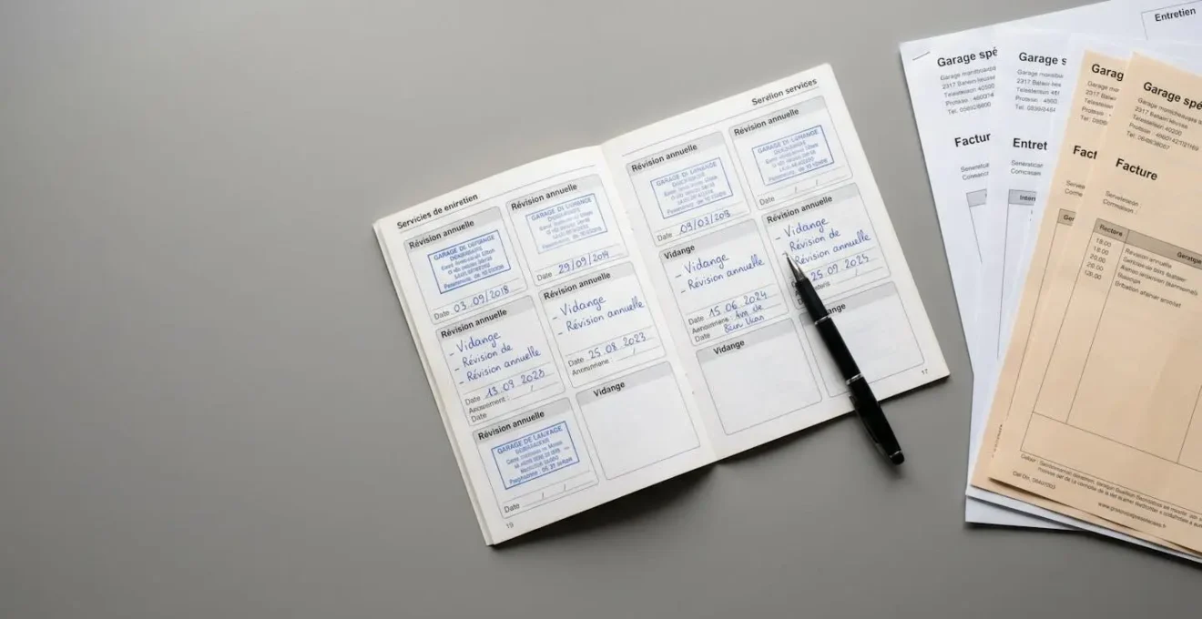 Carnet d'entretien automobile ouvert avec tampons de révision et factures de garage spécialisé, annotations manuscrites en français