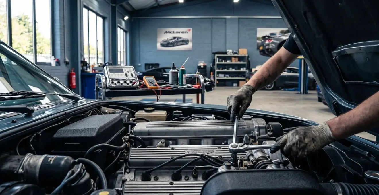 Compartiment moteur V8 Aston Martin ouvert en atelier spécialisé, mains de technicien effectuant un contrôle de révision, outils de diagnostic professionnels visibles