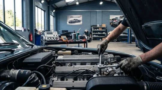 Compartiment moteur V8 Aston Martin ouvert en atelier spécialisé, mains de technicien effectuant un contrôle de révision, outils de diagnostic professionnels visibles