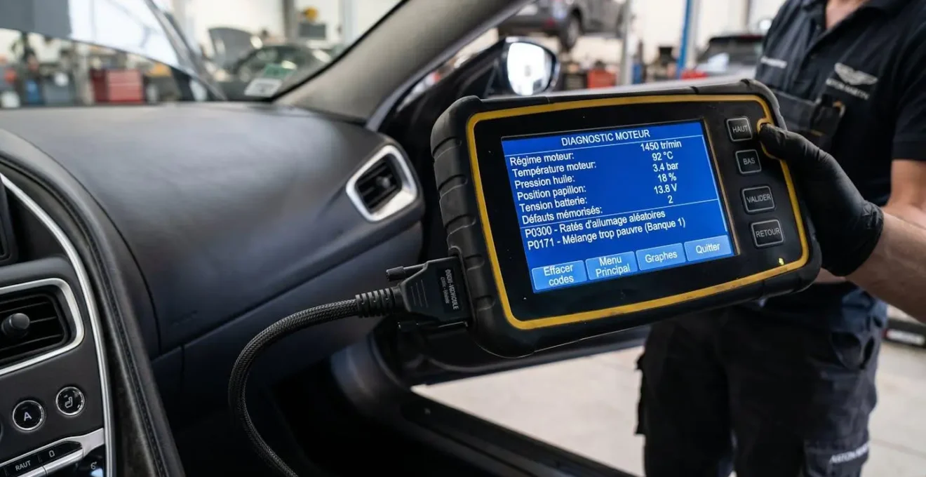 Outil de diagnostic électronique professionnel connecté à une Aston Martin, écran affichant paramètres moteur et codes défaut en français